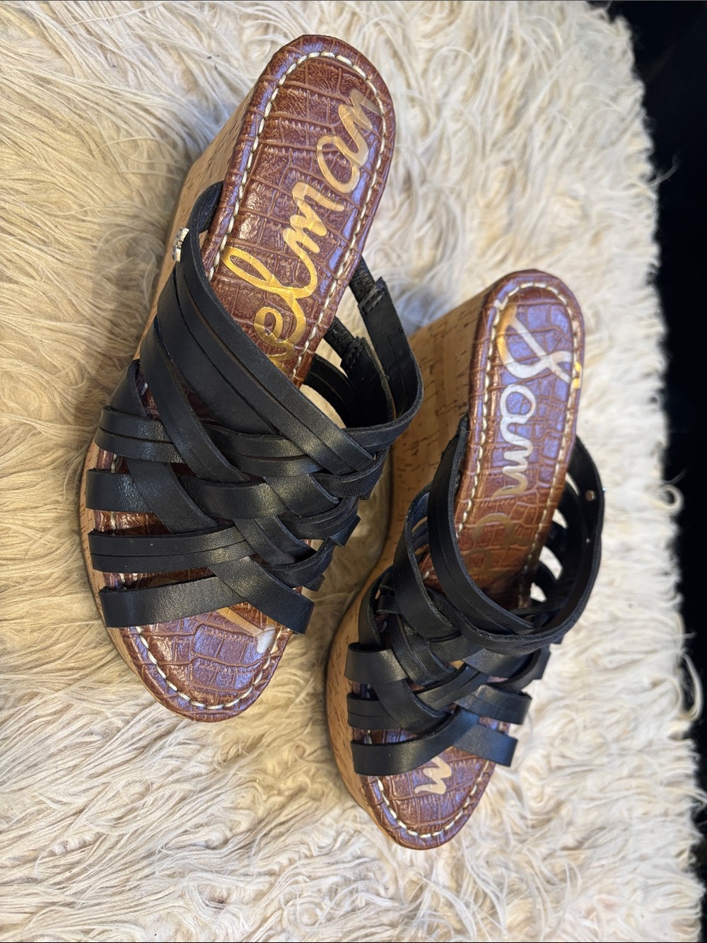 Sam Edelman Black Leather Strappy Cork Wedge Sandals
